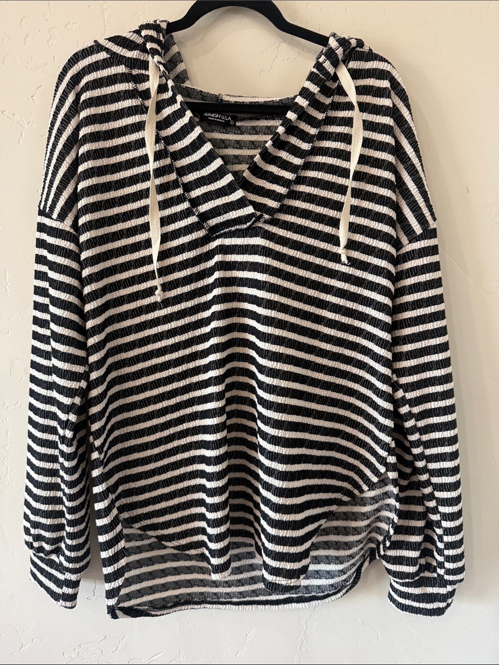 HEIMISH USA Black and White Striped Hooded Long Sleeve Top